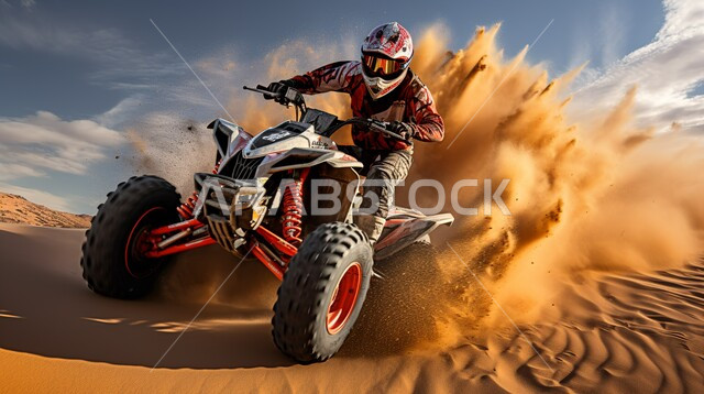 أنشطة شبابية ممتعة في البيئة الصحراوية، مغامرات سفاري على الكثبان الرملية، رجل عربي خليجي سعودي يرتدي الزي الكاجوال وخوذة الحماية يقوم بقيادة دراجة الدفع الرباعي وسط الصحراء، منظر السماء المليئة بالغيوم فوق الرمال الذهبية