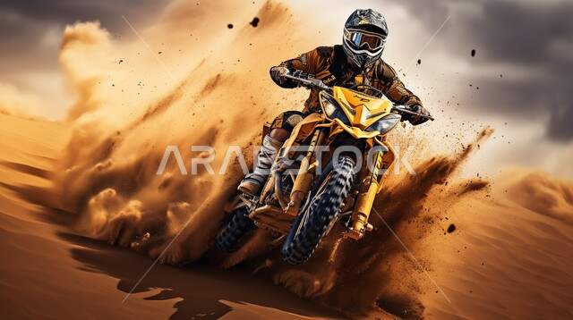 الأنشطة الترفيهية والتحديات الحماسية، ممارسة رياضة التطعيس في صحراء المملكة العربية السعودية، دمج الفعاليات الرياضية بالثقافة السياحية، رجل عربي خليجي سعودي يقوم بقيادة دراجة نارية سريعة في المناطق الصحراوية، بطولة العالم للراليات