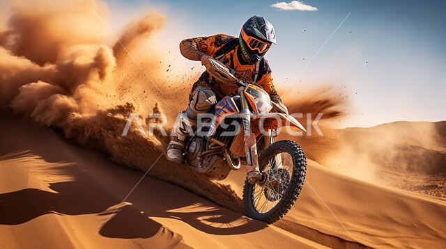 الأنشطة الترفيهية والتحديات الحماسية، ممارسة رياضة التطعيس في صحراء المملكة العربية السعودية، دمج الفعاليات الرياضية بالثقافة السياحية، رجل عربي خليجي سعودي يقوم بقيادة دراجة نارية سريعة في المناطق الصحراوية، بطولة العالم للراليات