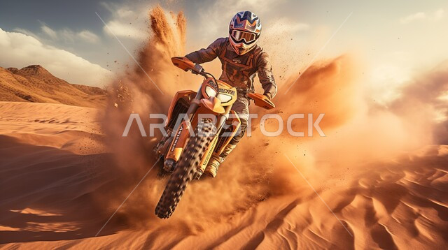 الأنشطة الترفيهية والتحديات الحماسية، ممارسة رياضة التطعيس في صحراء المملكة العربية السعودية، دمج الفعاليات الرياضية بالثقافة السياحية، رجل عربي خليجي سعودي يقوم بقيادة دراجة نارية سريعة في المناطق الصحراوية، بطولة العالم للراليات