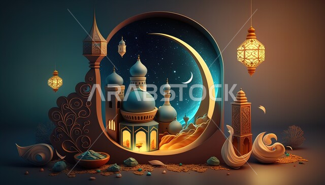 3D model of a mosque with distinctive designs and decorations inside a circular base, celebrating the arrival of the holy month of Ramadan, a crescent moon and illuminated hanging lanterns, Islamic religious occasions and holidays