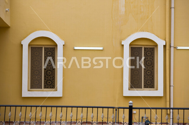 Close-up of Al-Safa Mosque windows, creative design, Islamic engineering designs, Islamic architecture in Saudi Arabia