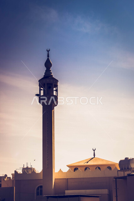 Close-up of a high-rise mosque minaret, creative design, Islamic engineering designs, Islamic architecture in Saudi Arabia