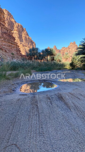 صورة لوادي و جبال الديسة الساحرة في منطقة تبوك ، جريان الماء في الوادي ، روعة و جمال الطبيعة الخلابة في السعودية