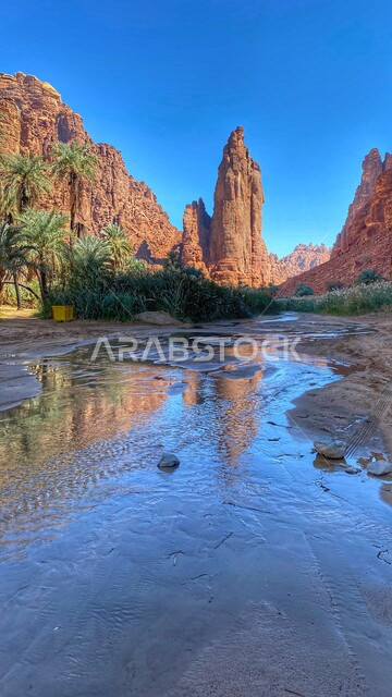 صورة لوادي و جبال الديسة الساحرة في منطقة تبوك ،  انعكاس الجبال على المياه في الوادي ، روعة و جمال الطبيعة الخلابة في السعودية