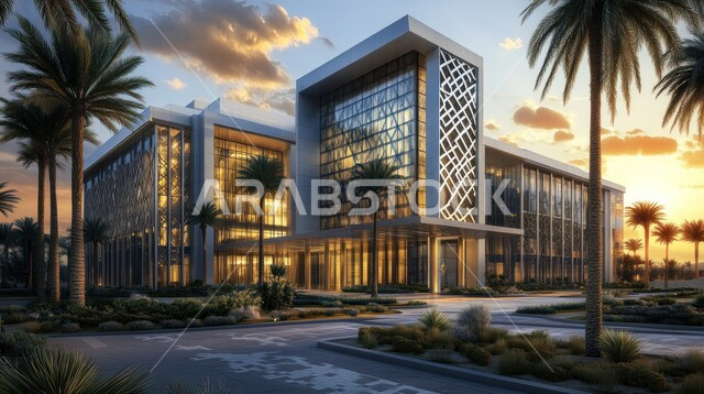 الفن الهندسي المعماري على الطراز الحديث، الاهتمام في زراعة أشجار النخيل والنباتات الخضراء حول المستشفيات، النمو والتقدم العمراني للمراكز الطبية لتقديم الرعاية الصحية في المملكة العربية السعودية, تصاميم خارجيه حديثه, الواجهات الزجاجية الضخمة