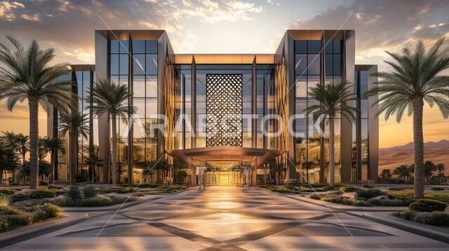 الفن الهندسي المعماري على الطراز الحديث، الاهتمام في زراعة أشجار النخيل والنباتات الخضراء حول المستشفيات، النمو والتقدم العمراني للمراكز الطبية لتقديم الرعاية الصحية في المملكة العربية السعودية, تصاميم خارجيه حديثه, الواجهات الزجاجية الضخمة