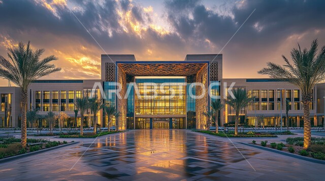 Modern exterior designs, modern architectural art, interest in planting palm trees and green plants around hospitals, growth and urban development of medical centers to provide health care in the Kingdom of Saudi Arabia, huge glass facades