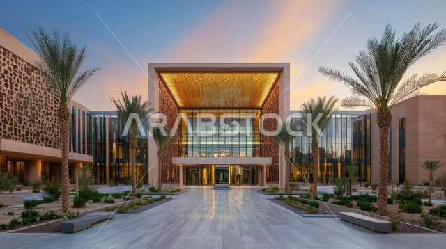 تصاميم خارجيه حديثه, الفن الهندسي المعماري على الطراز الحديث، الاهتمام في زراعة أشجار النخيل والنباتات الخضراء حول المستشفيات، النمو والتقدم العمراني للمراكز الطبية لتقديم الرعاية الصحية في المملكة العربية السعودية، الواجهات الزجاجية الضخمة