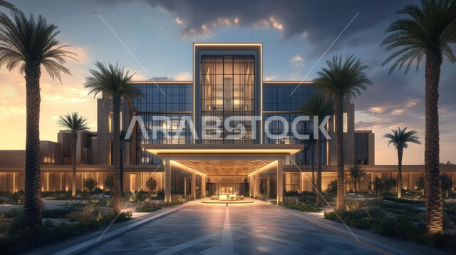 تصاميم خارجيه حديثه, الفن الهندسي المعماري على الطراز الحديث، الاهتمام في زراعة أشجار النخيل والنباتات الخضراء حول المستشفيات، النمو والتقدم العمراني للمراكز الطبية لتقديم الرعاية الصحية في المملكة العربية السعودية، الواجهات الزجاجية الضخمة