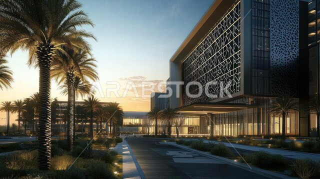 تصاميم خارجيه حديثه, الفن الهندسي المعماري على الطراز الحديث، الاهتمام في زراعة أشجار النخيل والنباتات الخضراء حول المستشفيات، النمو والتقدم العمراني للمراكز الطبية لتقديم الرعاية الصحية في المملكة العربية السعودية، الواجهات الزجاجية الضخمة