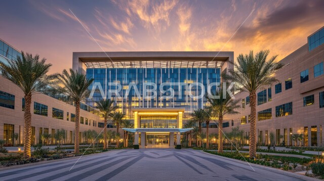 المراكز المتطورة لتقديم الرعاية الصحية, النمو والتقدم العمراني للمستشفيات في المملكة العربية السعودية, الفن الهندسي المعماري على الطراز الحديث، الاهتمام في زراعة أشجار النخيل والنباتات الخضراء، الواجهات الزجاجية الضخمة