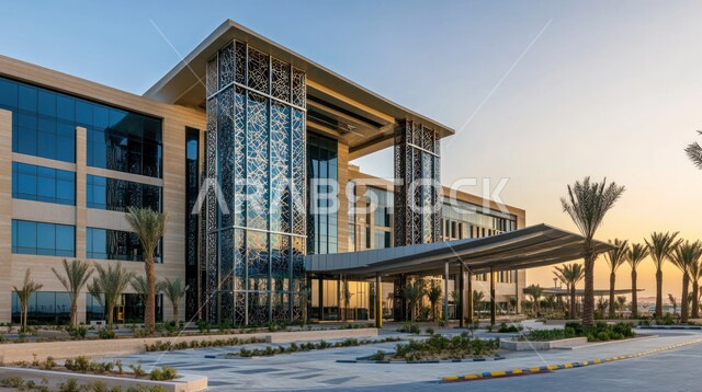 المراكز المتطورة لتقديم الرعاية الصحية, النمو والتقدم العمراني للمستشفيات في المملكة العربية السعودية, الفن الهندسي المعماري على الطراز الحديث، الاهتمام في زراعة أشجار النخيل والنباتات الخضراء، الواجهات الزجاجية الضخمة