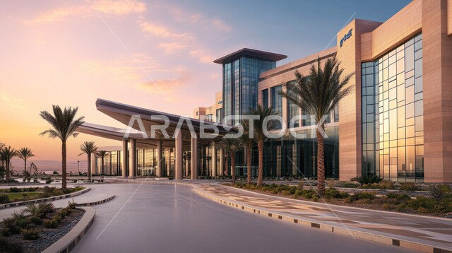 المراكز المتطورة لتقديم الرعاية الصحية, النمو والتقدم العمراني للمستشفيات في المملكة العربية السعودية, الفن الهندسي المعماري على الطراز الحديث، الاهتمام في زراعة أشجار النخيل والنباتات الخضراء، الواجهات الزجاجية الضخمة