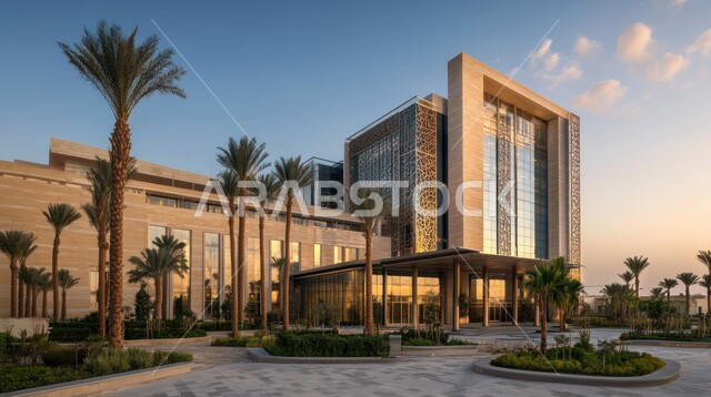 المراكز المتطورة لتقديم الرعاية الصحية, النمو والتقدم العمراني للمستشفيات في المملكة العربية السعودية, الفن الهندسي المعماري على الطراز الحديث، الاهتمام في زراعة أشجار النخيل والنباتات الخضراء، الواجهات الزجاجية الضخمة