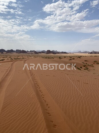 صورة للتكوينات الصخرية والكثبان الرملية في صحراء حسمى نيوم بالمملكة العربية السعودية، جمال الصحراء في وضح النهار، الصحراء السعودية في منطقة تبوك