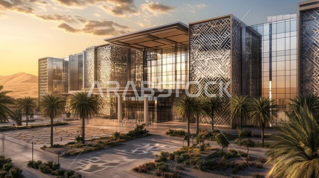 الفنون الهندسية المعمارية على الطراز الحديث، النمو والتقدم العمراني للمراكز الطبية لتقديم الرعاية الصحية في المملكة العربية السعودية، الاهتمام في زراعة أشجار النخيل والنباتات الخضراء حول المستشفيات، الواجهات الزجاجية الضخمة