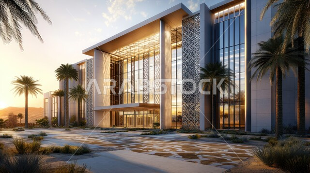 الفنون الهندسية المعمارية على الطراز الحديث، النمو والتقدم العمراني للمراكز الطبية لتقديم الرعاية الصحية في المملكة العربية السعودية، الاهتمام في زراعة أشجار النخيل والنباتات الخضراء حول المستشفيات، الواجهات الزجاجية الضخمة