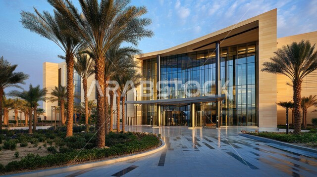 Architectural engineering arts in the modern style, the growth and urban progress of medical centers to provide health care in the Kingdom of Saudi Arabia, interest in planting palm trees and green plants around hospitals, huge glass facades
