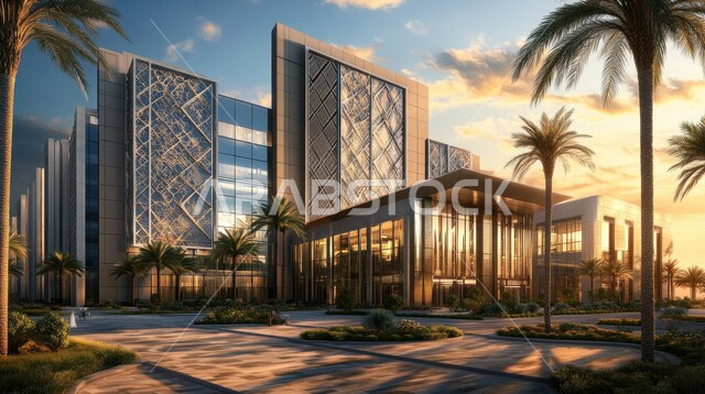 الفنون الهندسية المعمارية على الطراز الحديث، النمو والتقدم العمراني للمراكز الطبية لتقديم الرعاية الصحية في المملكة العربية السعودية، الاهتمام في زراعة أشجار النخيل والنباتات الخضراء حول المستشفيات، الواجهات الزجاجية الضخمة