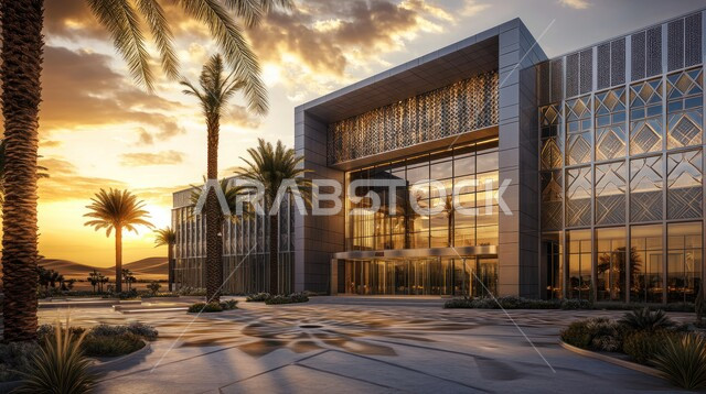 الفنون الهندسية المعمارية على الطراز الحديث، النمو والتقدم العمراني للمراكز الطبية لتقديم الرعاية الصحية في المملكة العربية السعودية، الاهتمام في زراعة أشجار النخيل والنباتات الخضراء حول المستشفيات، الواجهات الزجاجية الضخمة