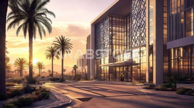 الفنون الهندسية المعمارية على الطراز الحديث، النمو والتقدم العمراني للمراكز الطبية لتقديم الرعاية الصحية في المملكة العربية السعودية، الاهتمام في زراعة أشجار النخيل والنباتات الخضراء حول المستشفيات، الواجهات الزجاجية الضخمة