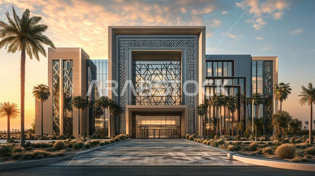 الواجهات الزجاجية الضخمة، النمو والتقدم العمراني للمراكز الطبية لتقديم الرعاية الصحية في المملكة العربية السعودية، الفن الهندسي المعماري على الطراز الحديث، الاهتمام في زراعة أشجار النخيل والنباتات الخضراء حول المستشفيات