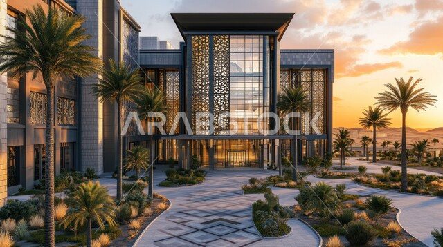 الواجهات الزجاجية الضخمة، النمو والتقدم العمراني للمراكز الطبية لتقديم الرعاية الصحية في المملكة العربية السعودية، الفن الهندسي المعماري على الطراز الحديث، الاهتمام في زراعة أشجار النخيل والنباتات الخضراء حول المستشفيات