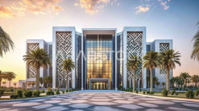 الواجهات الزجاجية الضخمة، النمو والتقدم العمراني للمراكز الطبية لتقديم الرعاية الصحية في المملكة العربية السعودية، الفن الهندسي المعماري على الطراز الحديث، الاهتمام في زراعة أشجار النخيل والنباتات الخضراء حول المستشفيات