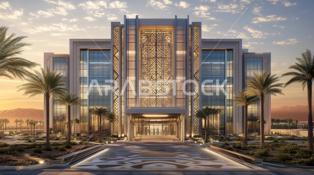 الواجهات الزجاجية الضخمة، النمو والتقدم العمراني للمراكز الطبية لتقديم الرعاية الصحية في المملكة العربية السعودية، الفن الهندسي المعماري على الطراز الحديث، الاهتمام في زراعة أشجار النخيل والنباتات الخضراء حول المستشفيات