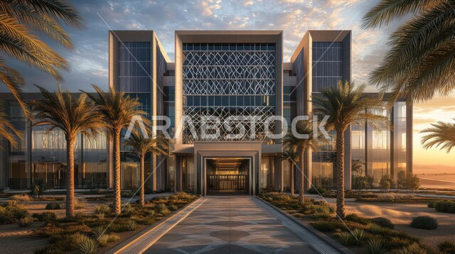 الواجهات الزجاجية الضخمة، النمو والتقدم العمراني للمراكز الطبية لتقديم الرعاية الصحية في المملكة العربية السعودية، الفن الهندسي المعماري على الطراز الحديث، الاهتمام في زراعة أشجار النخيل والنباتات الخضراء حول المستشفيات