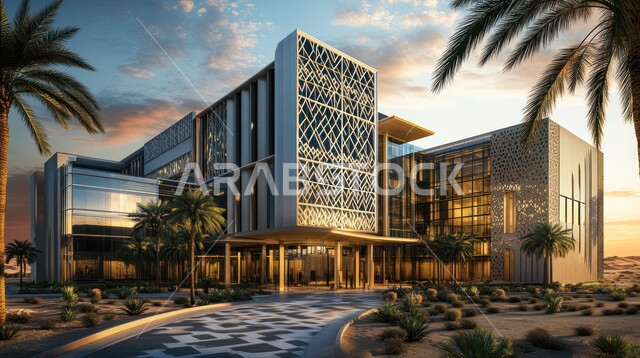 الواجهات الزجاجية الضخمة، النمو والتقدم العمراني للمراكز الطبية لتقديم الرعاية الصحية في المملكة العربية السعودية، الفن الهندسي المعماري على الطراز الحديث، الاهتمام في زراعة أشجار النخيل والنباتات الخضراء حول المستشفيات
