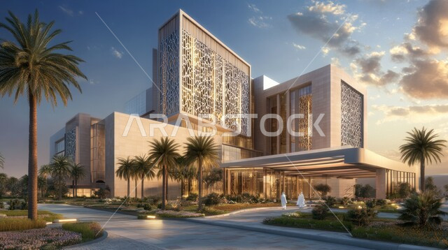 الواجهات الزجاجية الضخمة، النمو والتقدم العمراني للمراكز الطبية لتقديم الرعاية الصحية في المملكة العربية السعودية، الفن الهندسي المعماري على الطراز الحديث، الاهتمام في زراعة أشجار النخيل والنباتات الخضراء حول المستشفيات