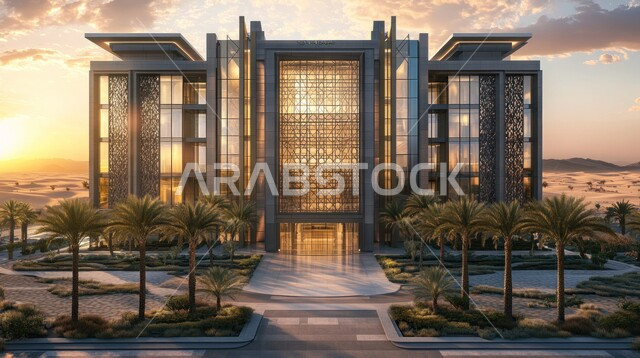 الاهتمام في زراعة أشجار النخيل والنباتات الخضراء حول المستشفيات، النمو والتقدم العمراني للمراكز الطبية لتقديم الرعاية الصحية في المملكة العربية السعودية، الفن الهندسي المعماري على الطراز الحديث، الواجهات الزجاجية الضخمة