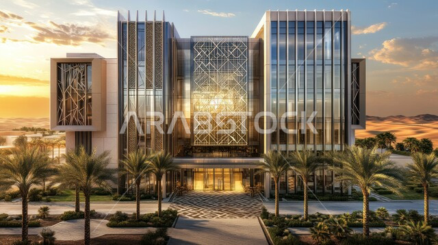 الاهتمام في زراعة أشجار النخيل والنباتات الخضراء حول المستشفيات، النمو والتقدم العمراني للمراكز الطبية لتقديم الرعاية الصحية في المملكة العربية السعودية، الفن الهندسي المعماري على الطراز الحديث، الواجهات الزجاجية الضخمة