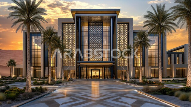 الاهتمام في زراعة أشجار النخيل والنباتات الخضراء حول المستشفيات، النمو والتقدم العمراني للمراكز الطبية لتقديم الرعاية الصحية في المملكة العربية السعودية، الفن الهندسي المعماري على الطراز الحديث، الواجهات الزجاجية الضخمة