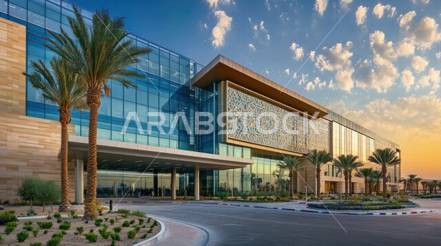 الاهتمام في زراعة أشجار النخيل والنباتات الخضراء حول المستشفيات، النمو والتقدم العمراني للمراكز الطبية لتقديم الرعاية الصحية في المملكة العربية السعودية، الفن الهندسي المعماري على الطراز الحديث، الواجهات الزجاجية الضخمة