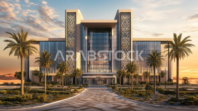 الاهتمام في زراعة أشجار النخيل والنباتات الخضراء حول المستشفيات، النمو والتقدم العمراني للمراكز الطبية لتقديم الرعاية الصحية في المملكة العربية السعودية، الفن الهندسي المعماري على الطراز الحديث، الواجهات الزجاجية الضخمة