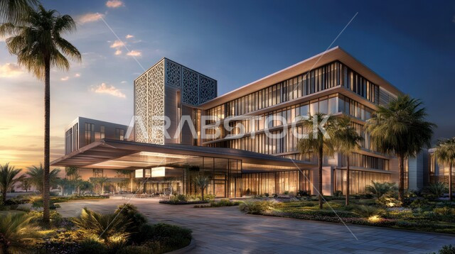 الاهتمام في زراعة أشجار النخيل والنباتات الخضراء حول المستشفيات، النمو والتقدم العمراني للمراكز الطبية لتقديم الرعاية الصحية في المملكة العربية السعودية، الفن الهندسي المعماري على الطراز الحديث، الواجهات الزجاجية الضخمة