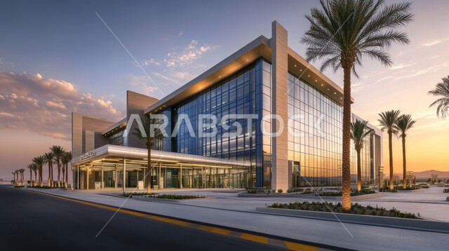 الاهتمام في زراعة أشجار النخيل والنباتات الخضراء حول المستشفيات، النمو والتقدم العمراني للمراكز الطبية لتقديم الرعاية الصحية في المملكة العربية السعودية، الفن الهندسي المعماري على الطراز الحديث، الواجهات الزجاجية الضخمة