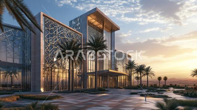 الاهتمام في زراعة أشجار النخيل والنباتات الخضراء حول المستشفيات، النمو والتقدم العمراني للمراكز الطبية لتقديم الرعاية الصحية في المملكة العربية السعودية، الفن الهندسي المعماري على الطراز الحديث، الواجهات الزجاجية الضخمة