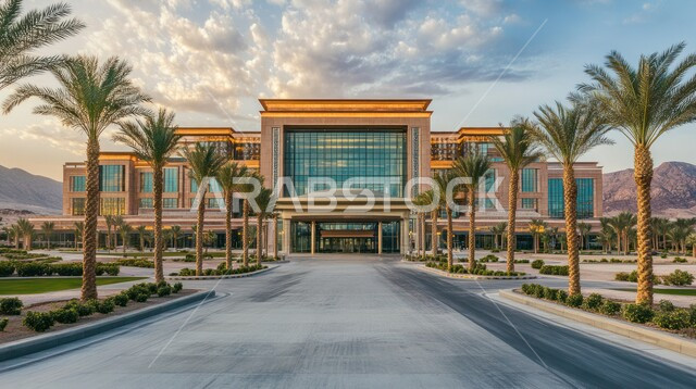 الاهتمام في زراعة أشجار النخيل والنباتات الخضراء حول المستشفيات، النمو والتقدم العمراني للمراكز الطبية لتقديم الرعاية الصحية في المملكة العربية السعودية، الفن الهندسي المعماري على الطراز الحديث، الواجهات الزجاجية الضخمة