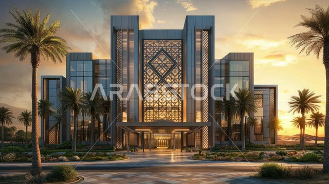 الفن الهندسي المعماري على الطراز الحديث، الاهتمام في زراعة أشجار النخيل والنباتات الخضراء حول المستشفيات، النمو والتقدم العمراني للمراكز الطبية لتقديم الرعاية الصحية في المملكة العربية السعودية، الواجهات الزجاجية الضخمة