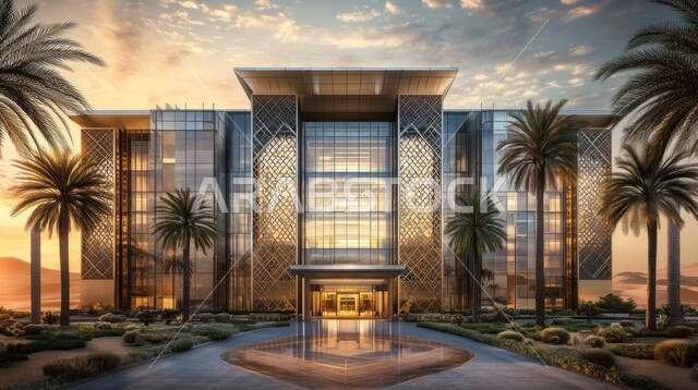 الفن الهندسي المعماري على الطراز الحديث، الاهتمام في زراعة أشجار النخيل والنباتات الخضراء حول المستشفيات، النمو والتقدم العمراني للمراكز الطبية لتقديم الرعاية الصحية في المملكة العربية السعودية، الواجهات الزجاجية الضخمة