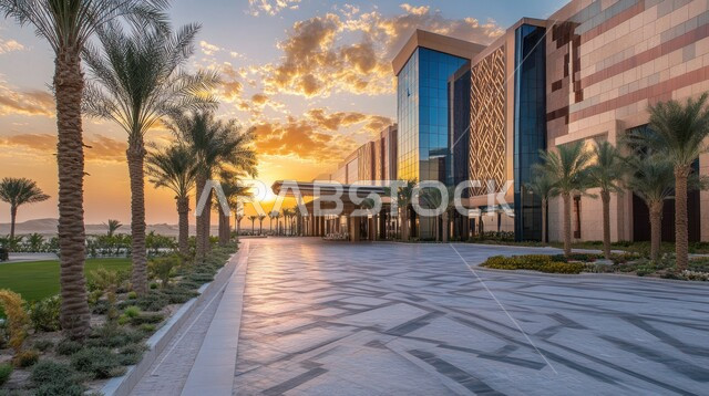 الفن الهندسي المعماري على الطراز الحديث، الاهتمام في زراعة أشجار النخيل والنباتات الخضراء حول المستشفيات، النمو والتقدم العمراني للمراكز الطبية لتقديم الرعاية الصحية في المملكة العربية السعودية، الواجهات الزجاجية الضخمة