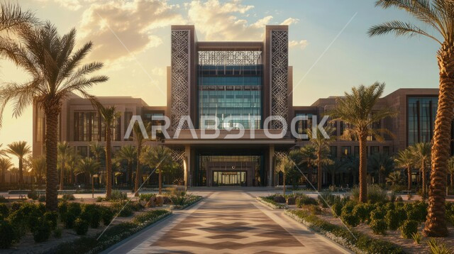 الفن الهندسي المعماري على الطراز الحديث، الاهتمام في زراعة أشجار النخيل والنباتات الخضراء حول المستشفيات، النمو والتقدم العمراني للمراكز الطبية لتقديم الرعاية الصحية في المملكة العربية السعودية، الواجهات الزجاجية الضخمة