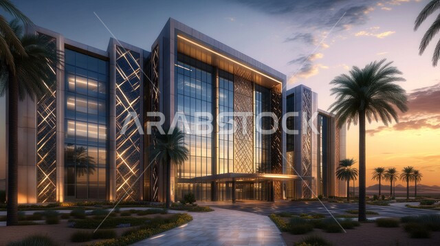 Modern architectural art, interest in planting palm trees and green plants around hospitals, growth and urban progress of medical centers to provide health care in the Kingdom of Saudi Arabia, huge glass facades