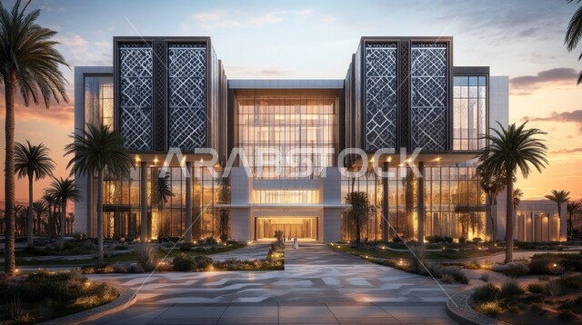 الفن الهندسي المعماري على الطراز الحديث، الاهتمام في زراعة أشجار النخيل والنباتات الخضراء حول المستشفيات، النمو والتقدم العمراني للمراكز الطبية لتقديم الرعاية الصحية في المملكة العربية السعودية، الواجهات الزجاجية الضخمة