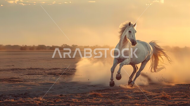 Horse breeding, training and taming, the love of horses is passed down from grandfathers to grandchildren, a purebred white Arabian horse galloping over the soft golden sands of the desert at sunset, the passion for equestrianism and the skill of horse riding, nature reserves in the Kingdom of Saudi Arabia