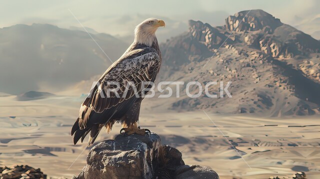 Eagle standing on soft sand in desert, concept of predation and visual acuity, diversity of animal wealth in Saudi Arabia, birds of prey and wildlife